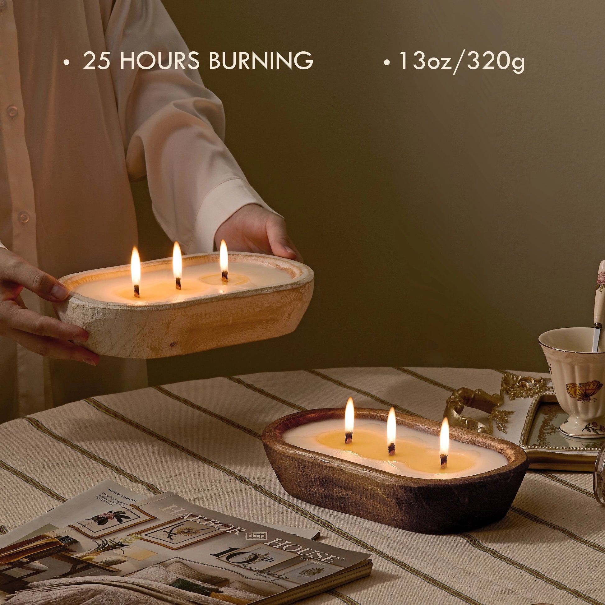13oz wooden dough bowl candle with 25-hour burn time, available in white-washed and dark wood finishes.
