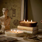 Two finish options (white-washed and dark wood) of three-wick dough bowl candles, ideal for versatile home styling.
