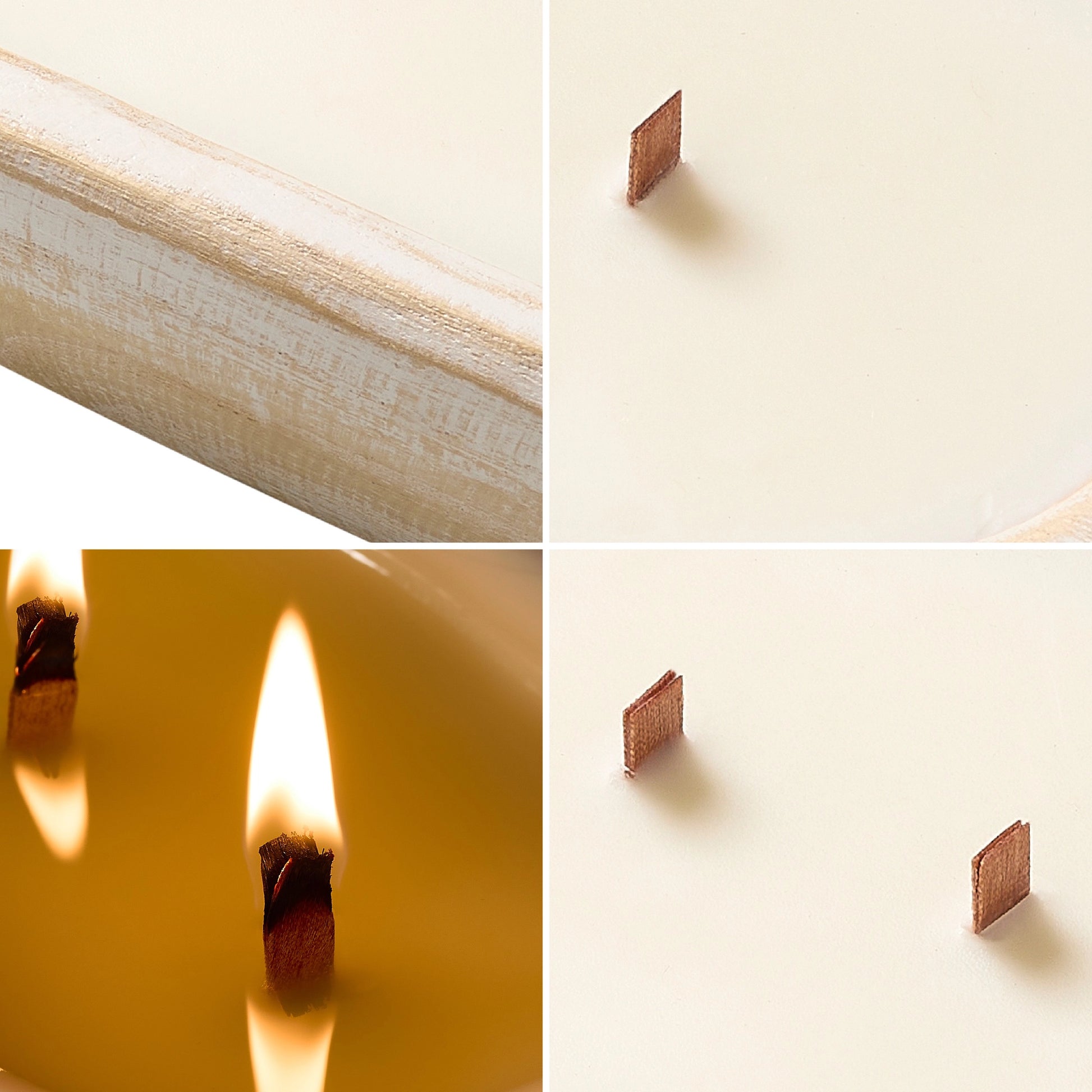 Collage of wooden dough bowl candle details: wood wicks, white-washed finish, and burning flame close-up.