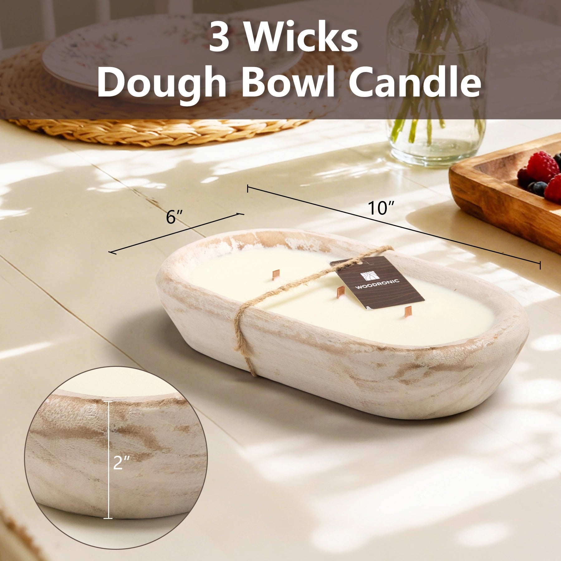 10x6 inch white-washed wooden dough bowl candle with 3 wood wicks, ideal for tabletop decor.