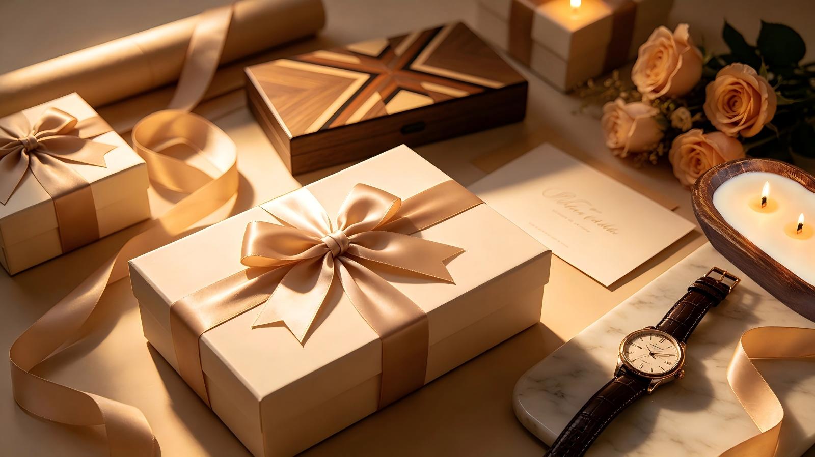 luxury gift setup with candles and wooden decor objects