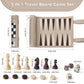 Dimension infographic for a 3-in-1 roll-up travel board game set, showing rolled and unrolled sizes, plus measurements for wooden chess pieces, dice, and checkers.