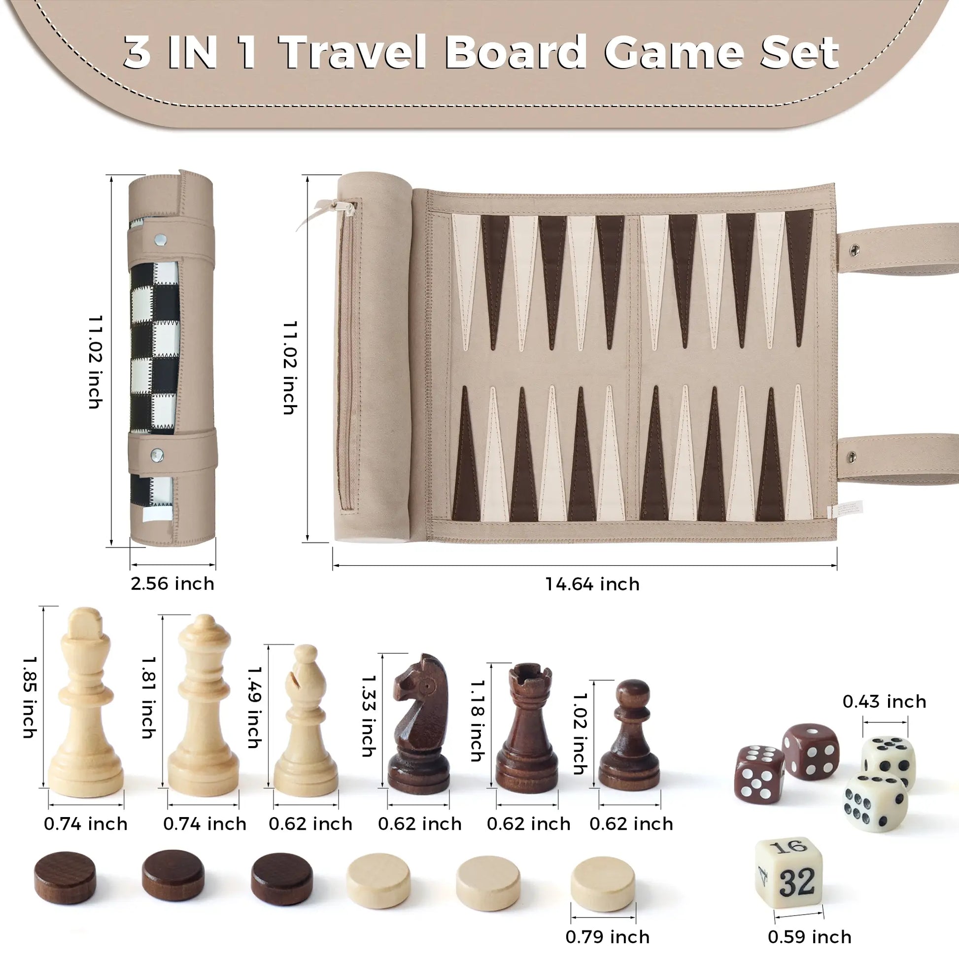 Dimension infographic for a 3-in-1 roll-up travel board game set, showing rolled and unrolled sizes, plus measurements for wooden chess pieces, dice, and checkers.