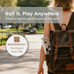 Person walking in a park with a Woodronic roll-up travel game set in a backpack pocket, text "Roll It, Play Anywhere" highlighting portability.