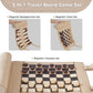 Infographic showing the three magnetic games in the travel set: backgammon, chess, and checkers, highlighting the roll-up design.