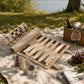 Roll-up 3-in-1 travel game set (backgammon and chess) laid out on a picnic blanket with wine, grapes, and books, ideal for outdoor gatherings.