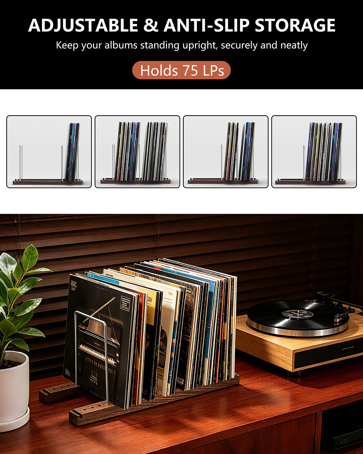 Woodronic Solid Walnut Vinyl Record Holder for 75 LPs Woodronic