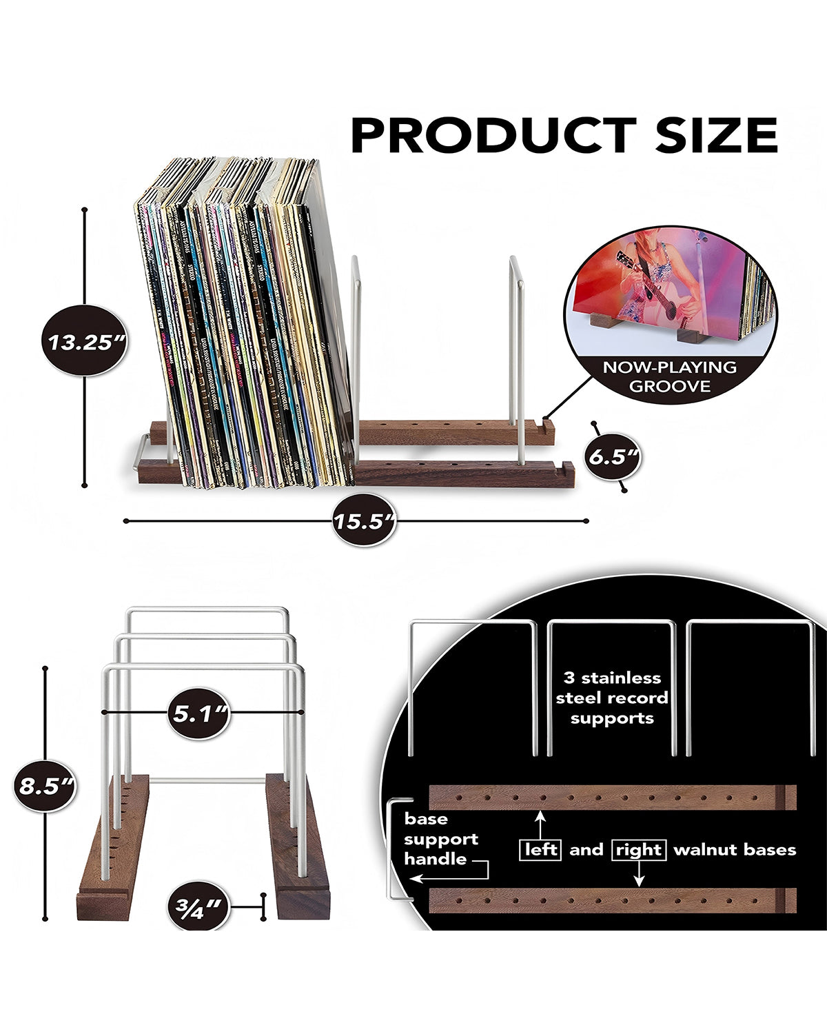 Woodronic Solid Walnut Vinyl Record Holder for 75 LPs Woodronic