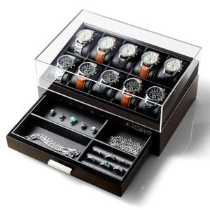 10-Slot Solid Wood Watch Box with Glass Top & Drawer