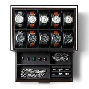 10-Slot Solid Wood Watch Box with Glass Top & Drawer
