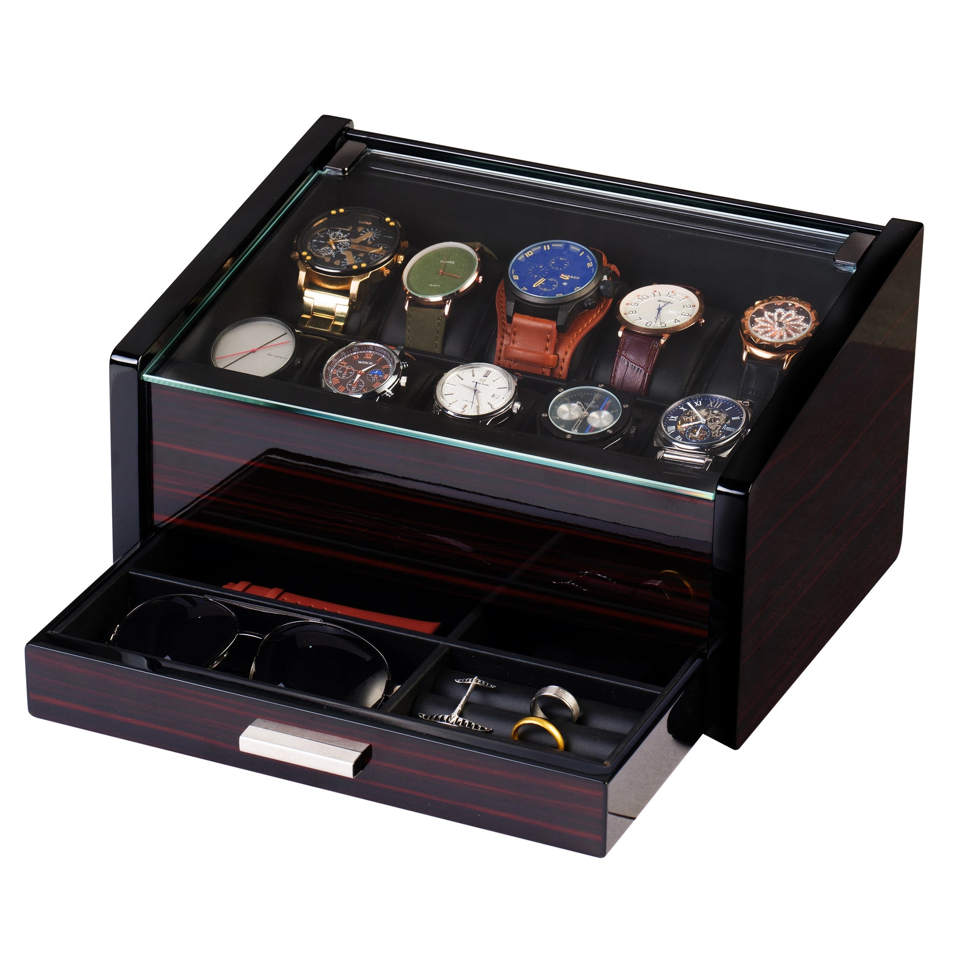 10-slot ebony wood watch box with glass top and jewelry drawer, ideal for organizing watches, sunglasses, and accessories.