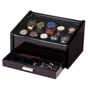 10-slot ebony wood watch box with glass top and jewelry drawer, ideal for organizing watches, sunglasses, and accessories.