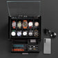 Top-down view of 10-slot watch box with glass lid, showing watch slots and divided drawer for accessories, perfect for men’s gift.