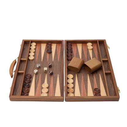 WA-5081 | 15/18 Inch Wooden Backgammon Set with Solid Wood Pieces & Leather Dice Cups