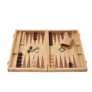 WA-5091 | 15 Inch Wooden Backgammon Set with Solid Wood Pieces & Leather Dice Cups