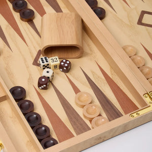 WA-5091 | 15 Inch Wooden Backgammon Set with Solid Wood Pieces & Leather Dice Cups