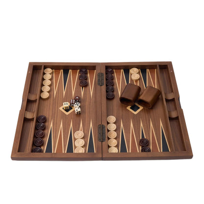 WA-5092 | 17 Inch Wooden Backgammon Set with Solid Wood Pieces & Leather Dice Cups