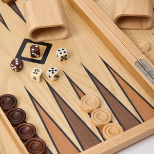 WA-5094 | 15/19 Inch Wooden Backgammon Set with Solid Wood Pieces & Leather Dice Cups