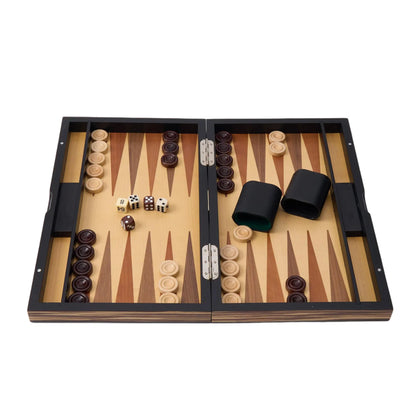 WA-5095 | 15 Inch Wooden Backgammon Set with Solid Wood Pieces & Leather Dice Cups