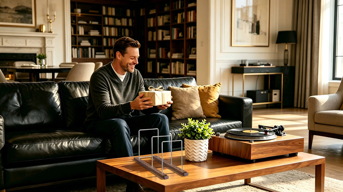 Man holding a gift on a leather sofa in an elegant modern living room, with a turntable and record holder, ideal for gifting and home decor.
