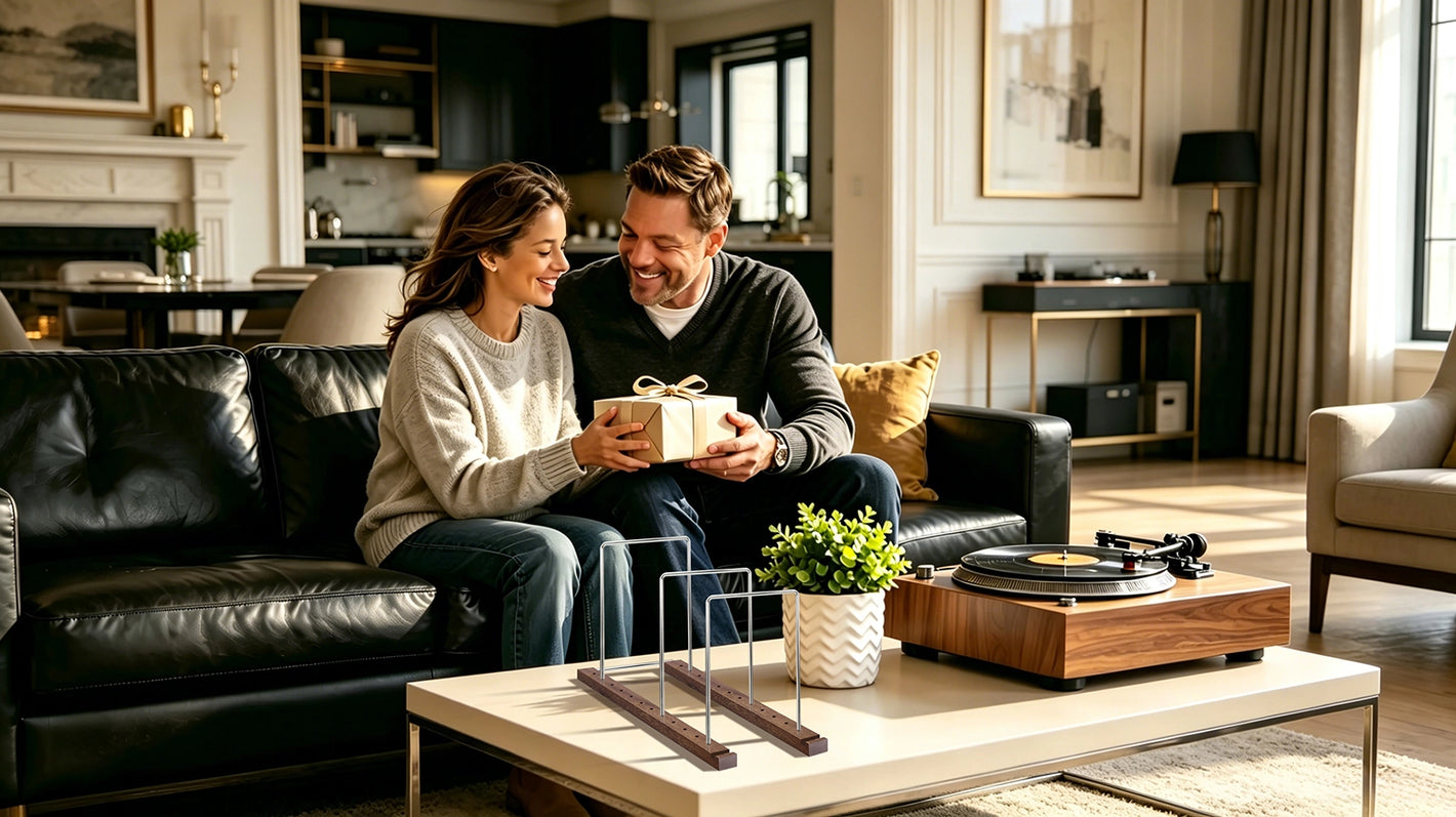 Couple sharing a gift moment on a black leather sofa, with a vinyl record holder and turntable on the coffee table, ideal for romantic home decor and gifting.