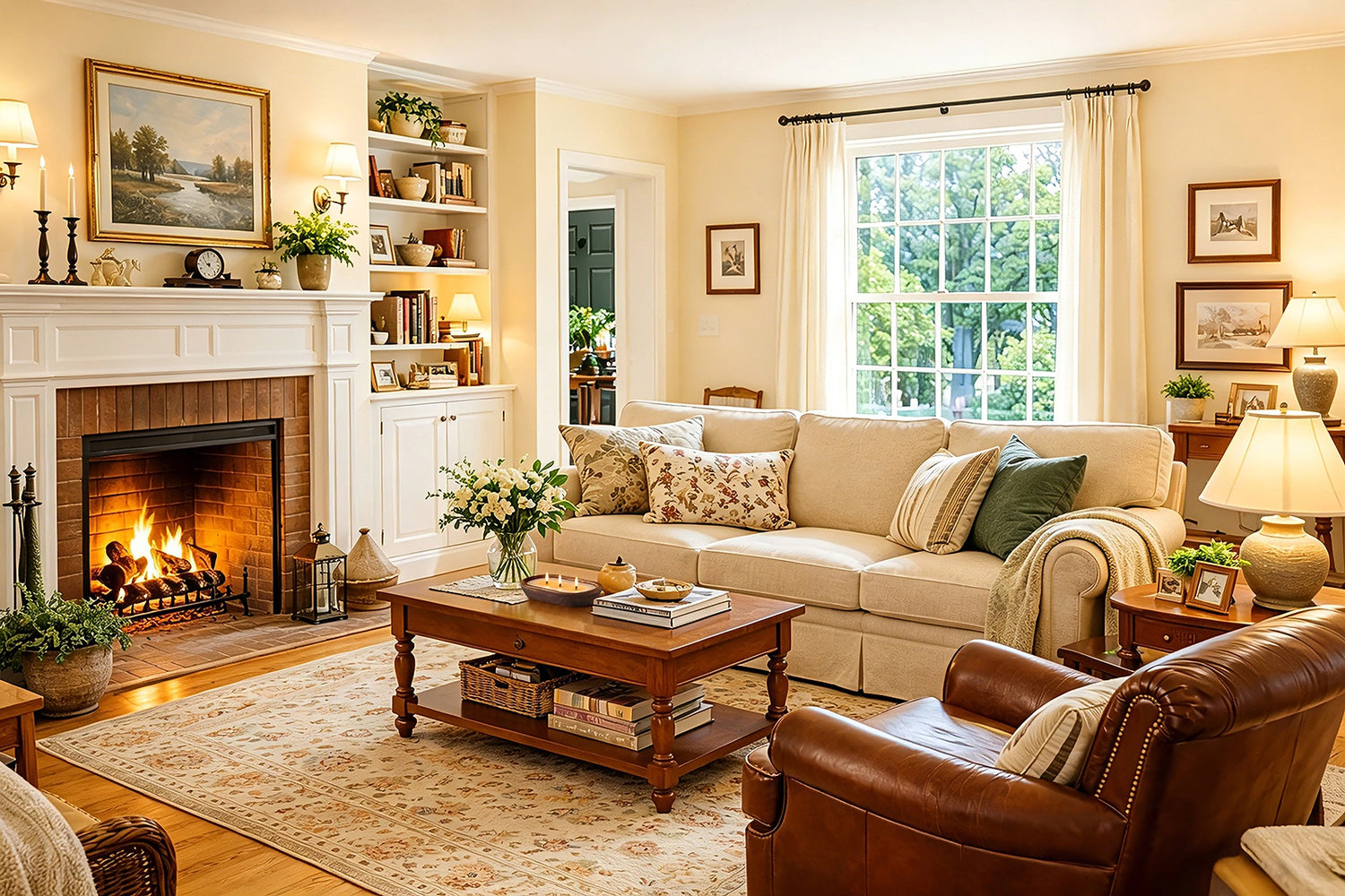 Bright farmhouse living room with a fireplace, beige sofa, wooden furniture, and scented candle, creating a warm and inviting family space.