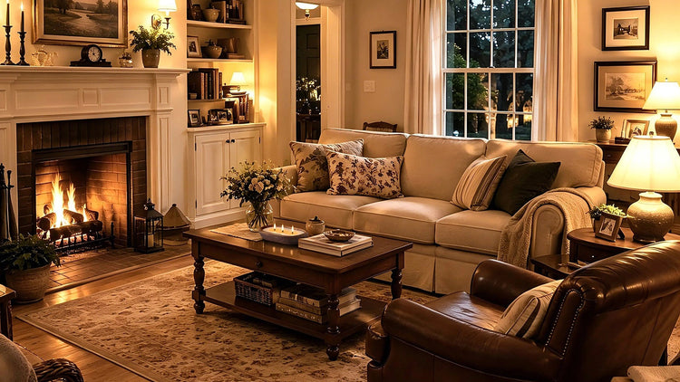 Cozy evening farmhouse living room with a lit fireplace, soft lighting, and classic decor, perfect for relaxing with family.