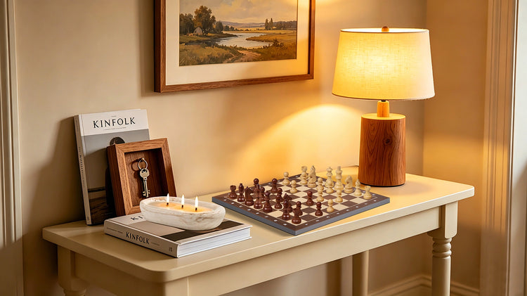 Wooden chess set on a cream console table, with books, a key holder, and a table lamp, ideal for entryway decor and quick games.
