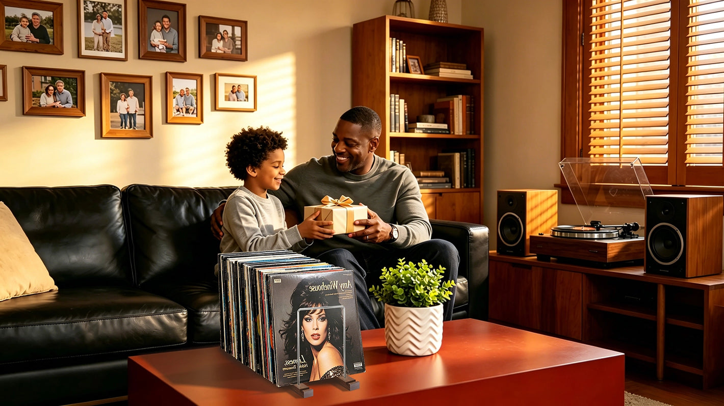 Father and son exchanging a gift in a family living room with a vinyl record player and record holder, emphasizing bonding and nostalgia.