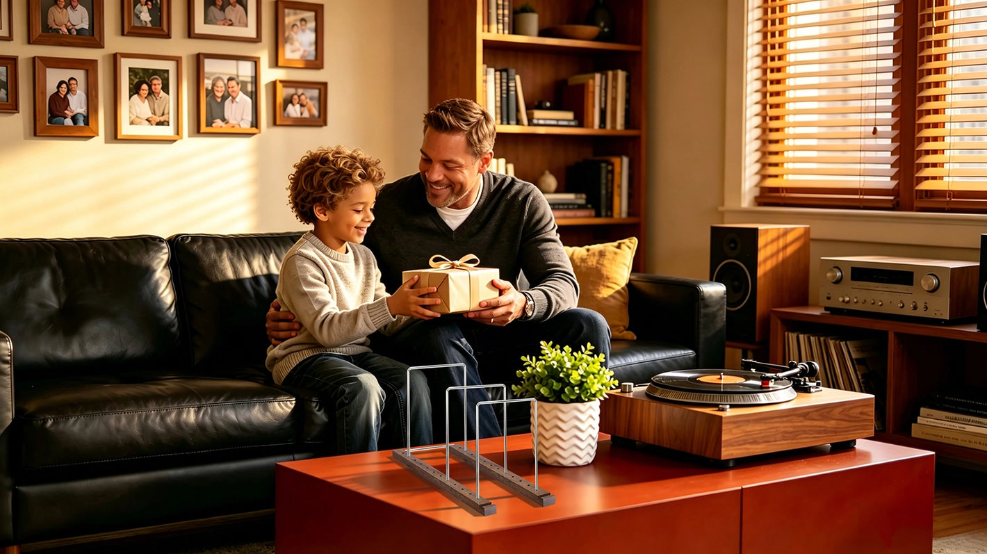 Father and son sharing a gift moment in a cozy living room with a turntable and record stand, showcasing family love and music enjoyment.